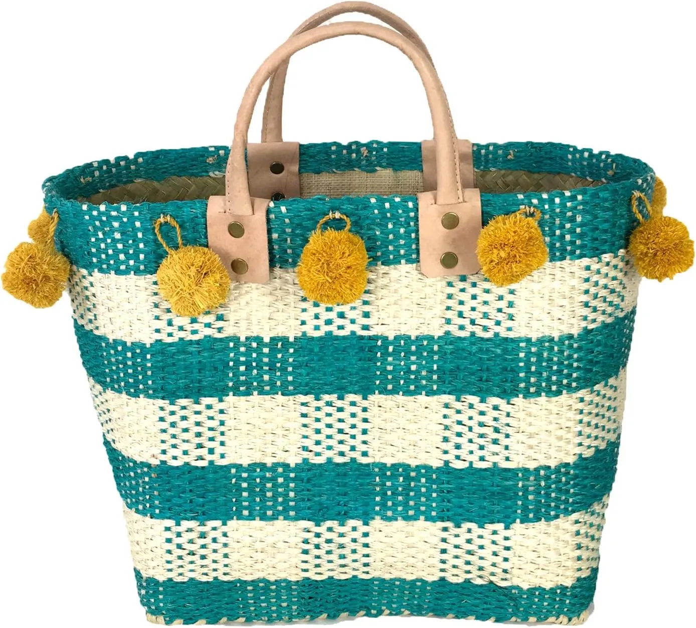 Pompei Gingham Print Basket Tote Bag Pom Pom, Aqua Multi
