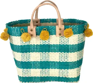 Pompei Gingham Print Basket Tote Bag Pom Pom, Aqua Multi