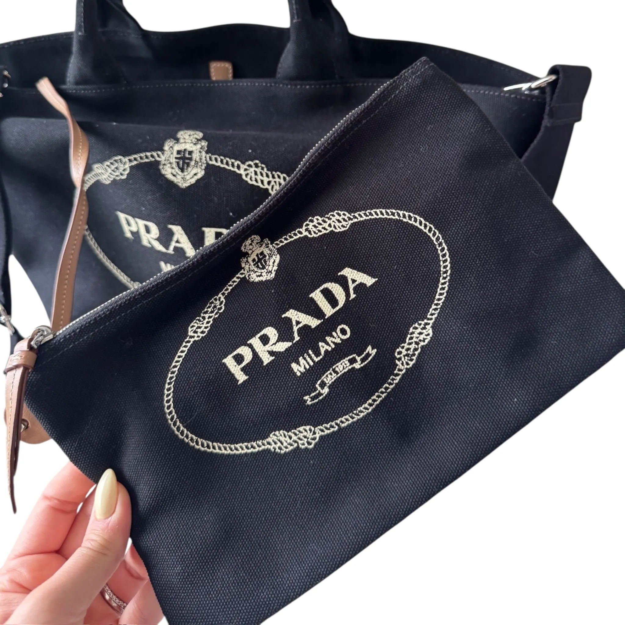 PRE-OWNED Black Canvas Canapa Convertible Medium Shopping Tote Bag