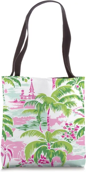 Preppy Pink and Green Palm Tree Beach Pattern Tote Bag