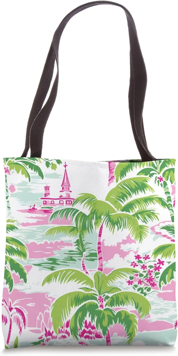 Preppy Pink and Green Palm Tree Beach Pattern Tote Bag