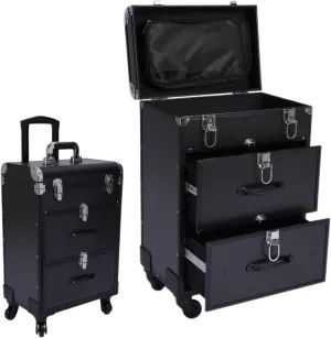 Professional Rolling Makeup Train Case with 4 Universal Wheels & Drawers Large Cosmetic Trolley with Locks, Rolling Nail Case for Nail Tech Organizer Cosmetology Case Black