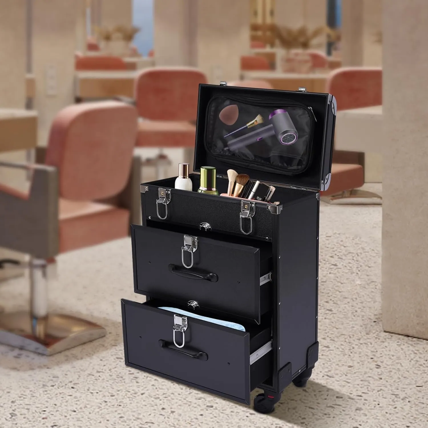 Professional Rolling Makeup Train Case with 4 Universal Wheels & Drawers Large Cosmetic Trolley with Locks, Rolling Nail Case for Nail Tech Organizer Cosmetology Case Black