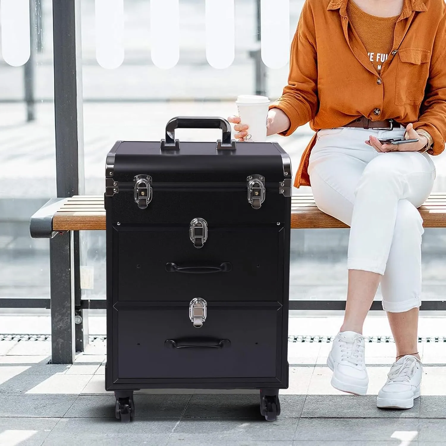 Professional Rolling Makeup Train Case with 4 Universal Wheels & Drawers Large Cosmetic Trolley with Locks, Rolling Nail Case for Nail Tech Organizer Cosmetology Case Black