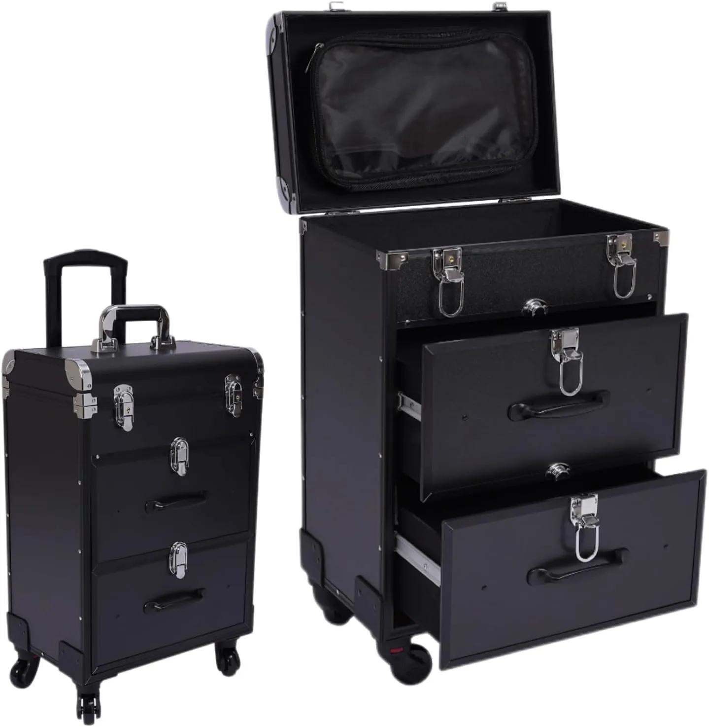 Professional Rolling Makeup Train Case with 4 Universal Wheels & Drawers Large Cosmetic Trolley with Locks, Rolling Nail Case for Nail Tech Organizer Cosmetology Case Black