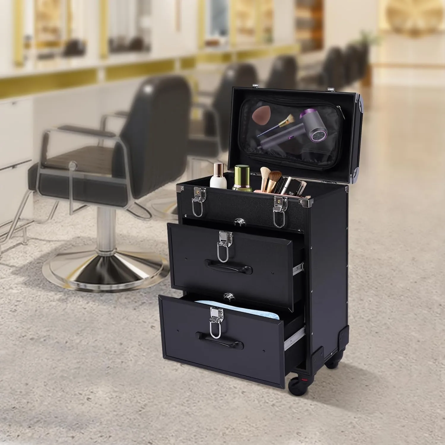 Professional Rolling Makeup Train Case with 4 Universal Wheels & Drawers Large Cosmetic Trolley with Locks, Rolling Nail Case for Nail Tech Organizer Cosmetology Case Black