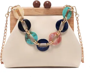 PU Leather Crossbody for Women Durable Evening Bag Wooden Frame Kiss Lock Handbag Purse with Acrylic Shoulder Strap