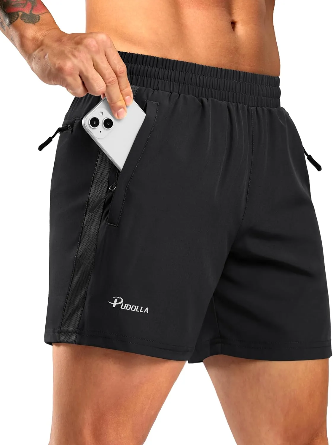 Pudolla Men's Running Athletic Shorts with 3 Zipper Pockets 5"/7" Gym Workout Shorts Lightweight Quick Dry for Hiking Casual