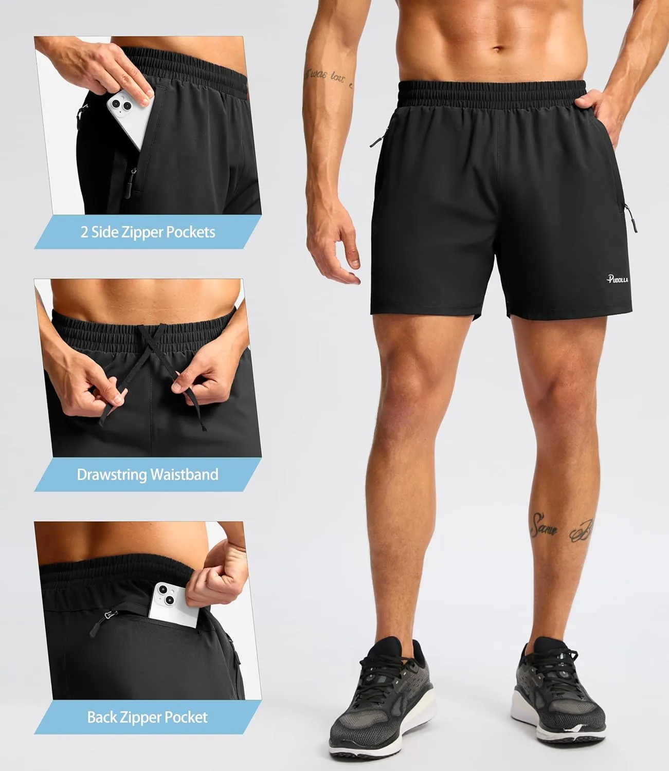 Pudolla Men's Running Athletic Shorts with 3 Zipper Pockets 5"/7" Gym Workout Shorts Lightweight Quick Dry for Hiking Casual