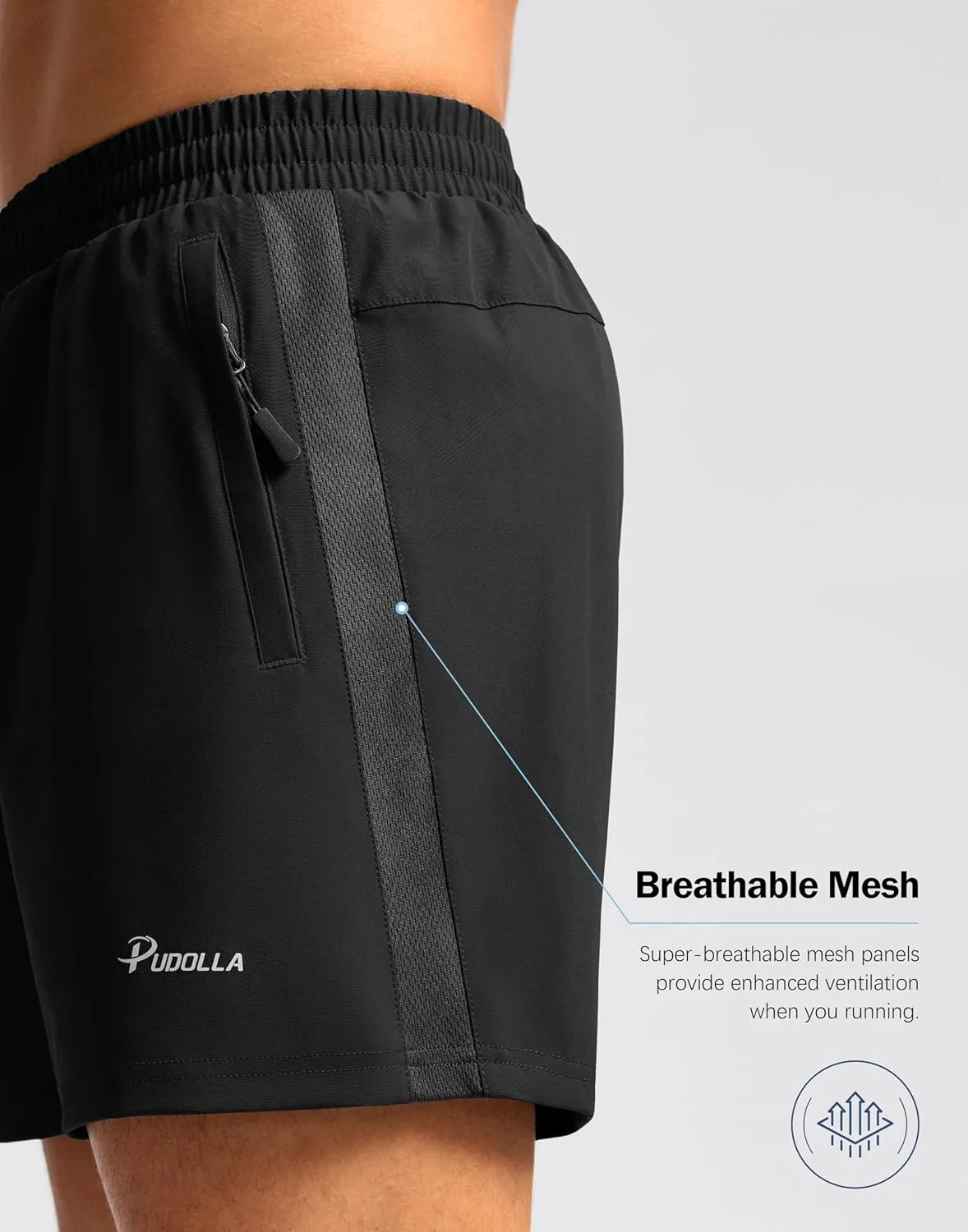 Pudolla Men's Running Athletic Shorts with 3 Zipper Pockets 5"/7" Gym Workout Shorts Lightweight Quick Dry for Hiking Casual