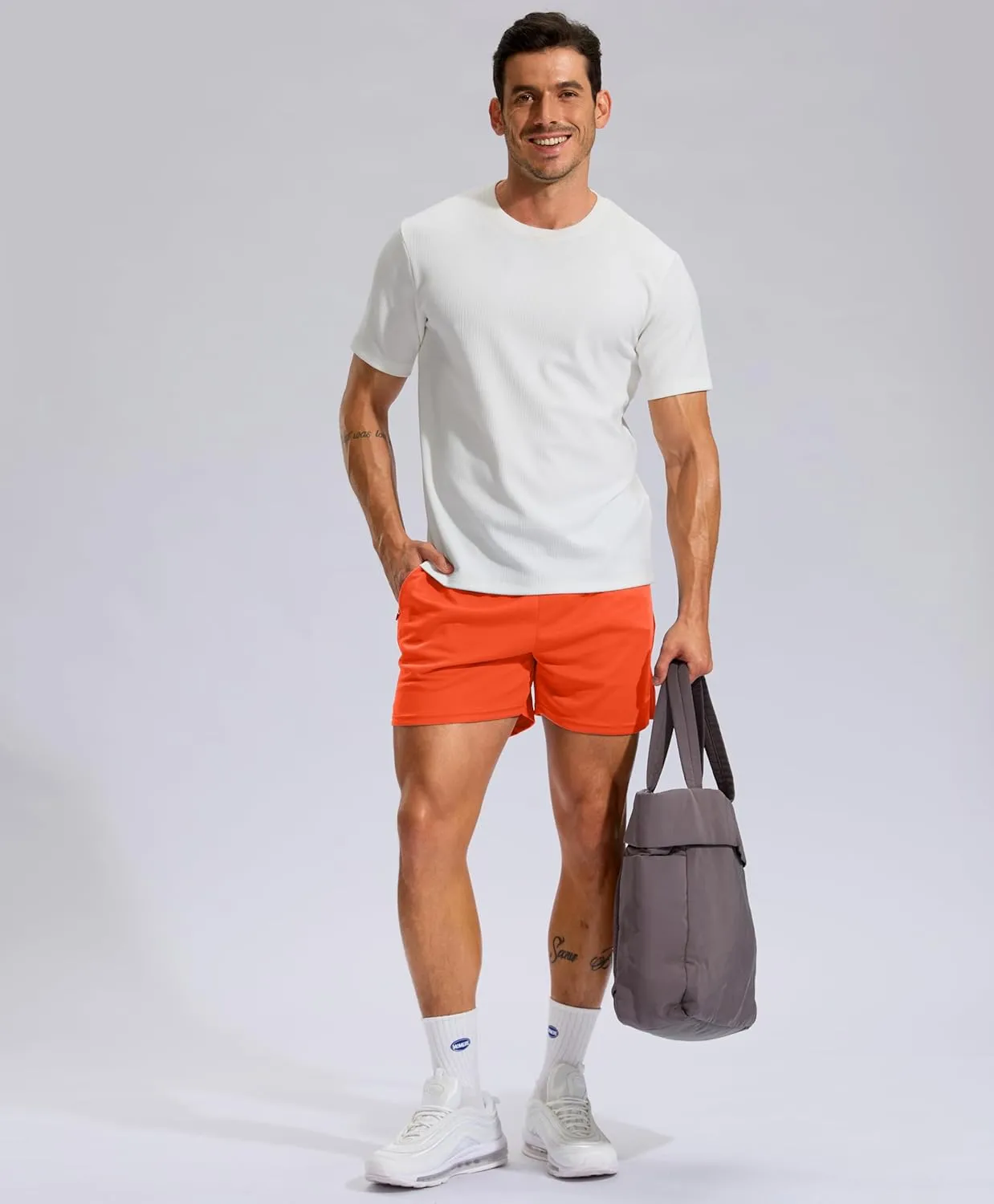 Pudolla Men's Workout Running Shorts with Zipper Pockets 5" Lightweight Quick Dry Athletic Gym Mesh Shorts no Liner