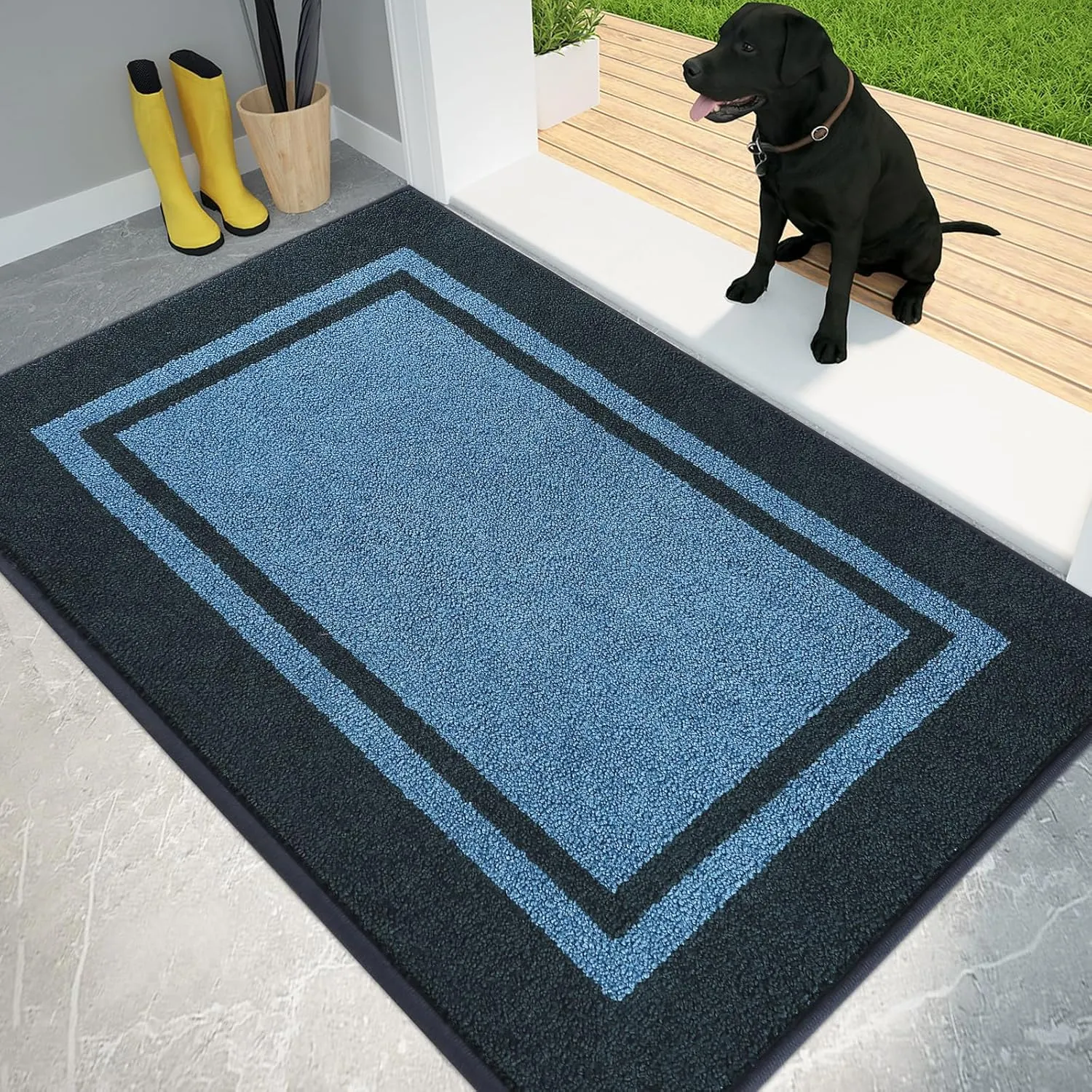 PURRUGS Dirt Trapper Door Mat 34" x 60", Non-Slip/Skid Machine Washable Entryway Rug, Shoes Scraper, Area Rug, Super Absorbent Welcome Mat for Muddy Wet Shoes and Paws, Light Blue & Navy