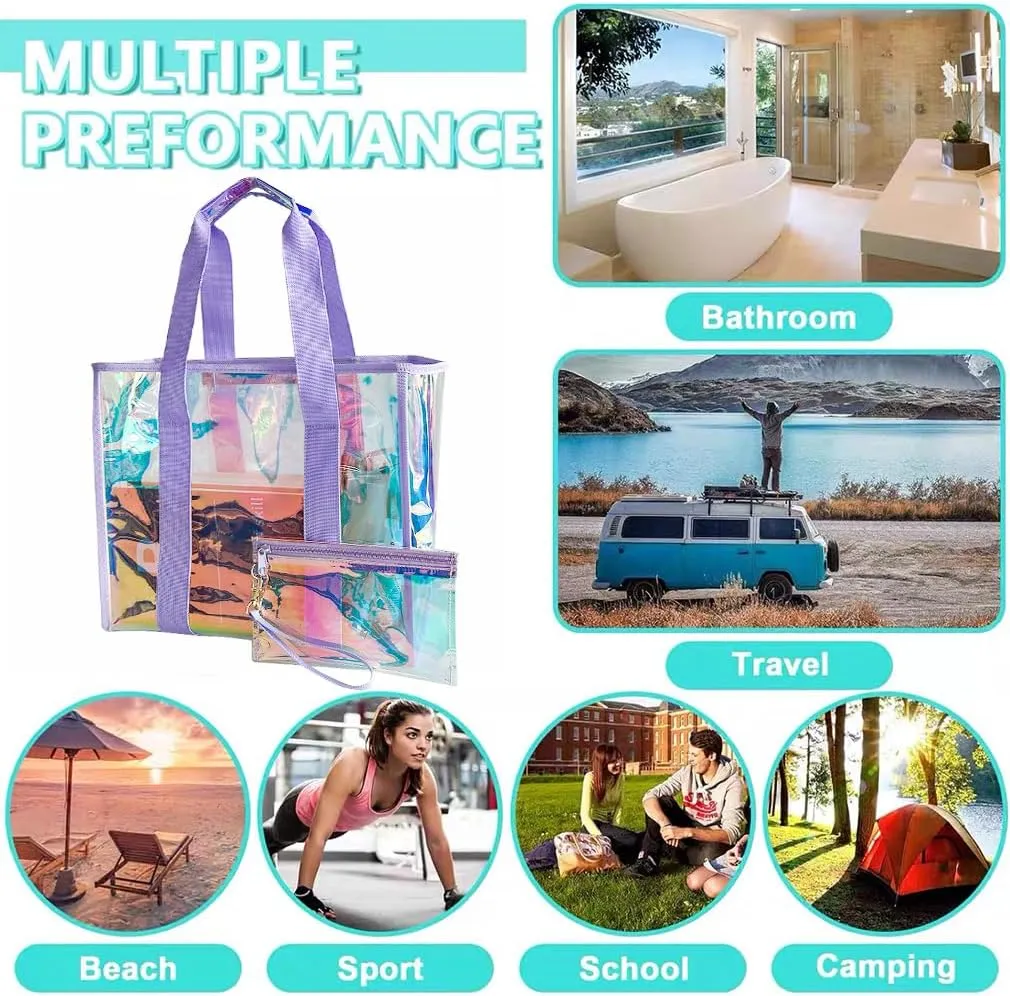 PVC Waterproof Holographic Colorful Tote Handbag with Small Mobile Phone Bag for Beach, Travel and Shopping（0.4MM）