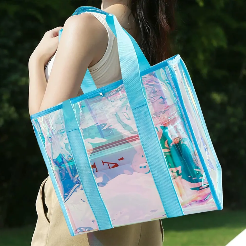 PVC Waterproof Holographic Colorful Tote Handbag with Small Mobile Phone Bag for Beach, Travel and Shopping（0.4MM）