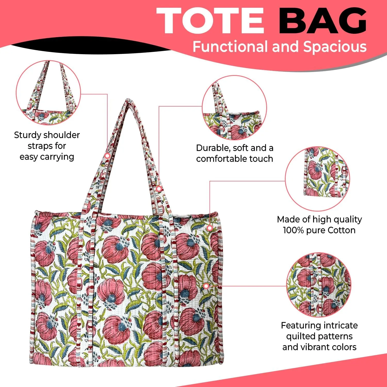 Quilted Cotton Tote Bag - Lightweight Handcrafted Shoulder Bag with Pockets for Gym, Travel, Work - Versatile Beach Bag