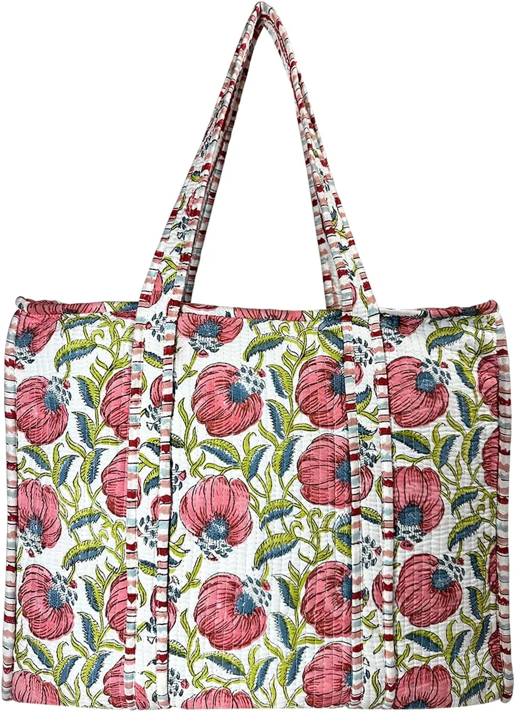 Quilted Cotton Tote Bag - Lightweight Handcrafted Shoulder Bag with Pockets for Gym, Travel, Work - Versatile Beach Bag