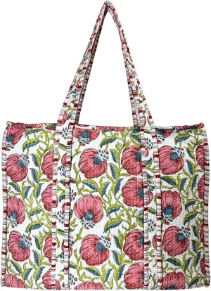 Quilted Cotton Tote Bag - Lightweight Handcrafted Shoulder Bag with Pockets for Gym, Travel, Work - Versatile Beach Bag