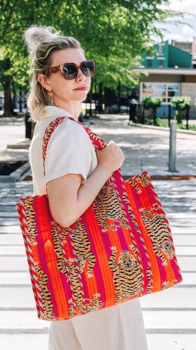 Quilted Tote Bag Orange Tiger