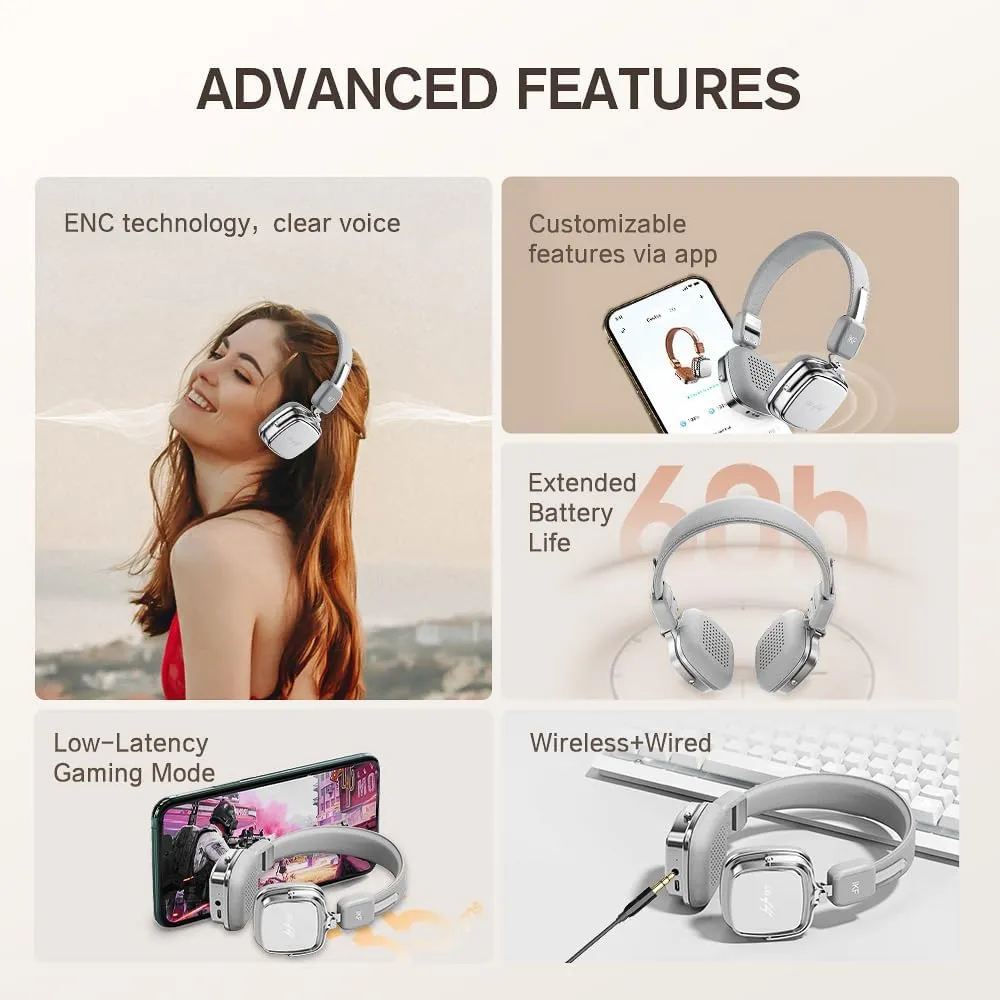 R2 Retro Classic Metal and Leather Grain Wireless Headphones, On Ear,Ergonomic Design,40mm Drivers, ENC Noise Cancelling, Bluetooth V5.4 & Wired Dual Mode, 60H Playtime,Throwback 80s 90s (Gray)
