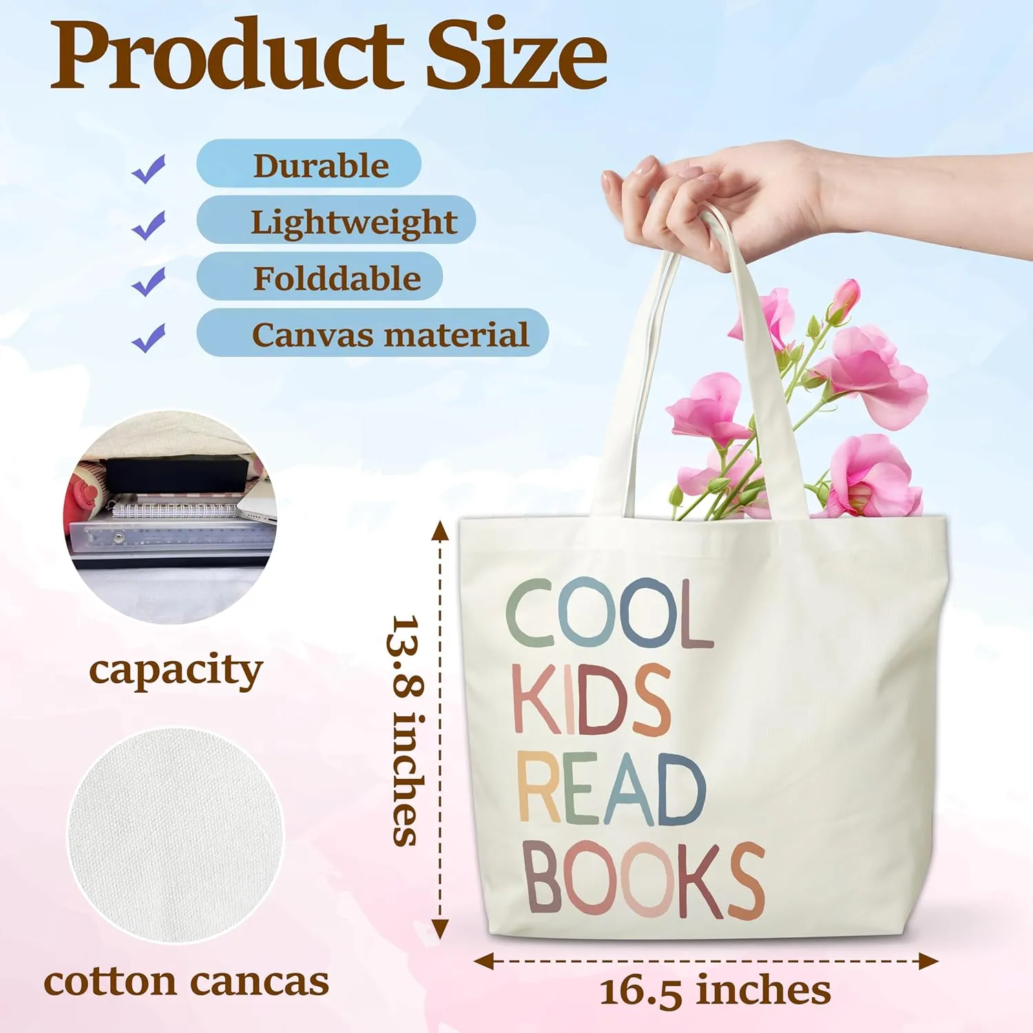 Rainbow Canvas Tote Bag, Reading Aesthetic Grocery Bag,Learning Tote Bag Gifts For Teacher