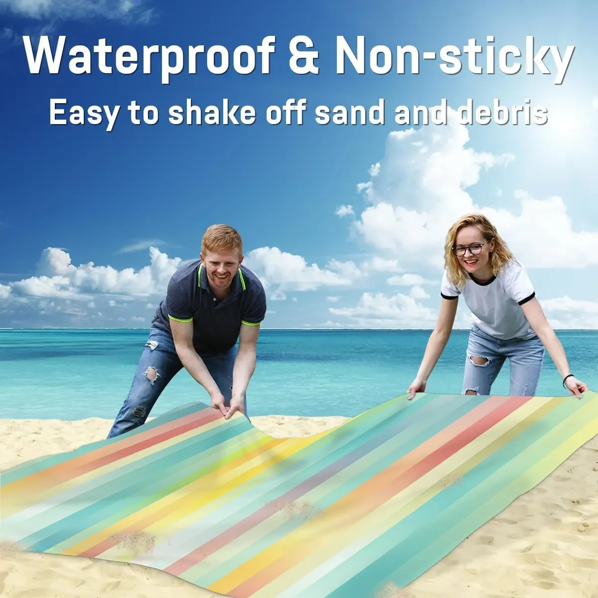 Rainbow Stripes Beach Blanket, Sandproof Beach Mat, 68 x 59 Waterproof Quick Drying Sand Free Mat with 4 x Ground Spikes for Outdoor Travel Camping Hiking, Rainbow