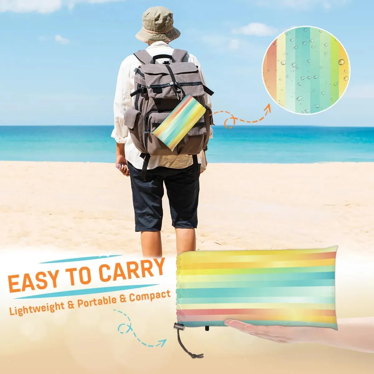 Rainbow Stripes Beach Blanket, Sandproof Beach Mat, 68 x 59 Waterproof Quick Drying Sand Free Mat with 4 x Ground Spikes for Outdoor Travel Camping Hiking, Rainbow