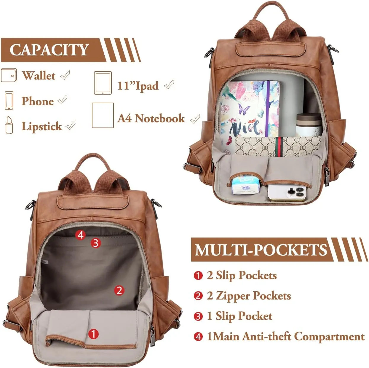 RAVUO Anti Theft Backpack Purse for Women, PU Leather Designer Convertible Shoulder Bag Three Ways to Carry