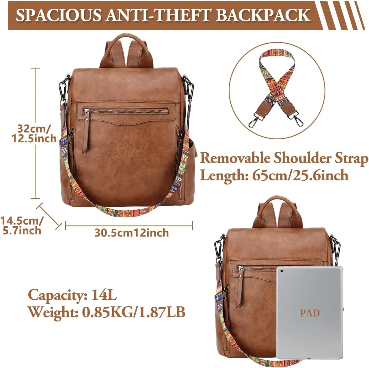 RAVUO Anti Theft Backpack Purse for Women, PU Leather Designer Convertible Shoulder Bag Three Ways to Carry