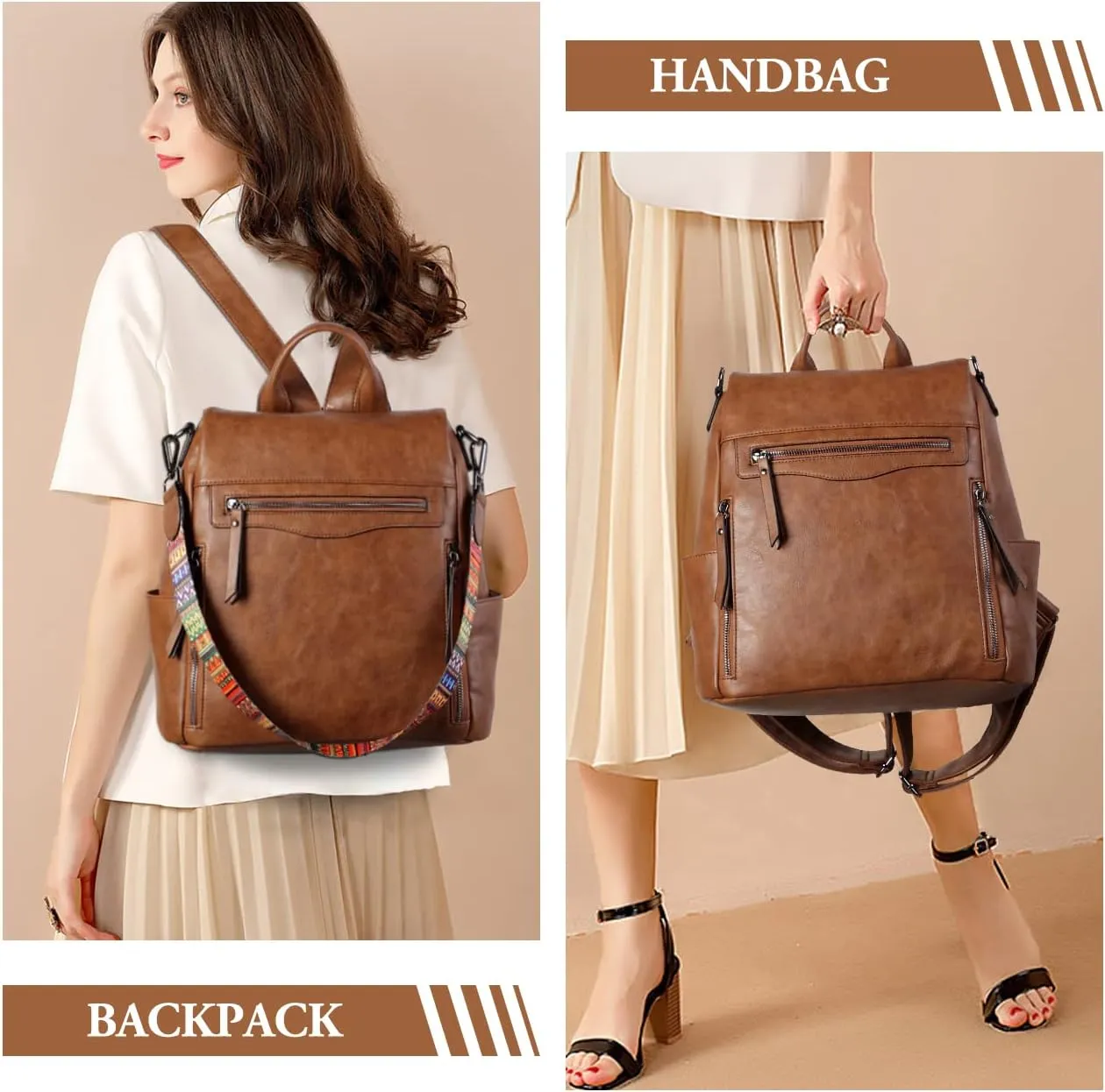 RAVUO Anti Theft Backpack Purse for Women, PU Leather Designer Convertible Shoulder Bag Three Ways to Carry