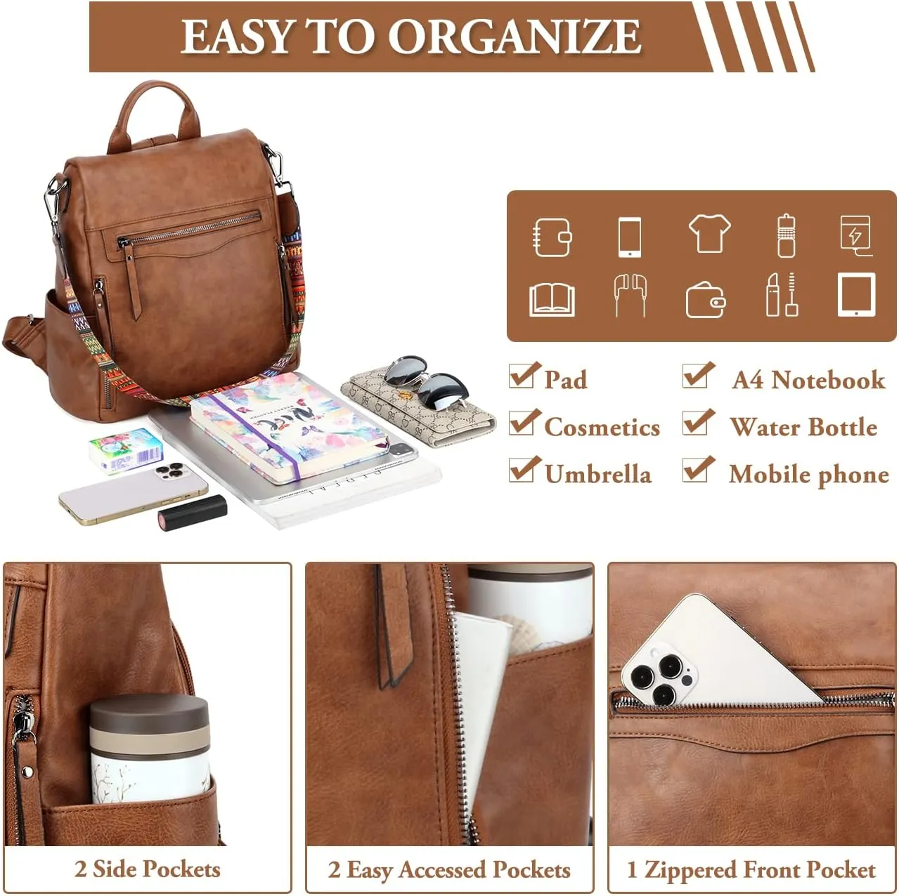 RAVUO Anti Theft Backpack Purse for Women, PU Leather Designer Convertible Shoulder Bag Three Ways to Carry