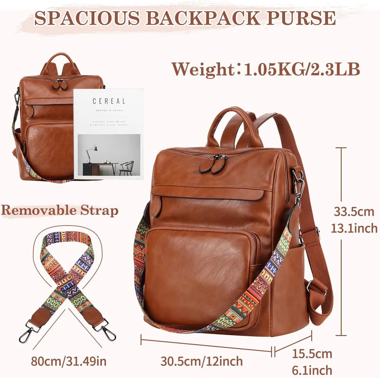 RAVUO Backpack Purse for Women, Fashion Leather Handbags Designer Convertible Satchel Ladies Shoulder Bag 3 Ways to Carry