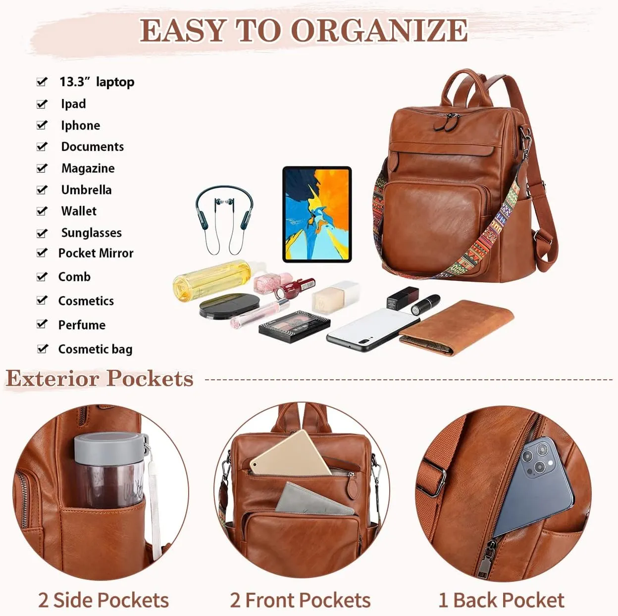 RAVUO Backpack Purse for Women, Fashion Leather Handbags Designer Convertible Satchel Ladies Shoulder Bag 3 Ways to Carry