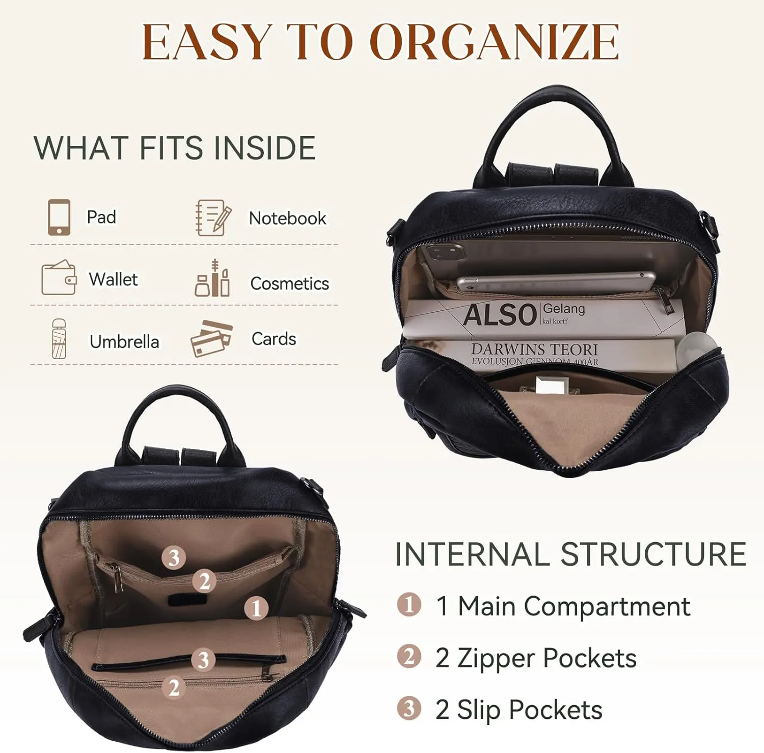 RAVUO Bakcpak Purse for Women, Trendy Vegan Leather Back Pack Convertible Daypack Designer Ladies Shoulder Handbag for Daily Travel College,Black