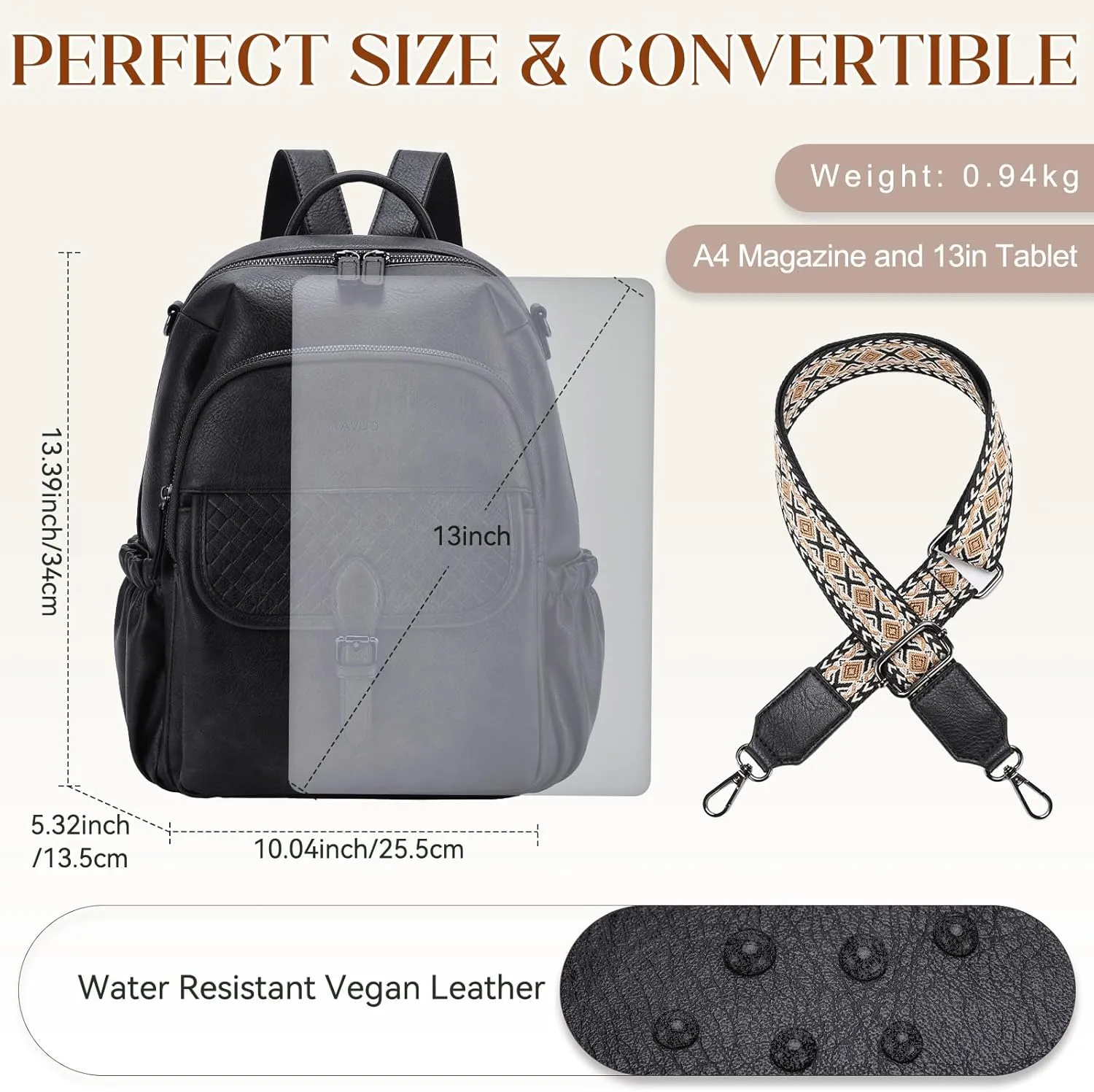 RAVUO Bakcpak Purse for Women, Trendy Vegan Leather Back Pack Convertible Daypack Designer Ladies Shoulder Handbag for Daily Travel College,Black