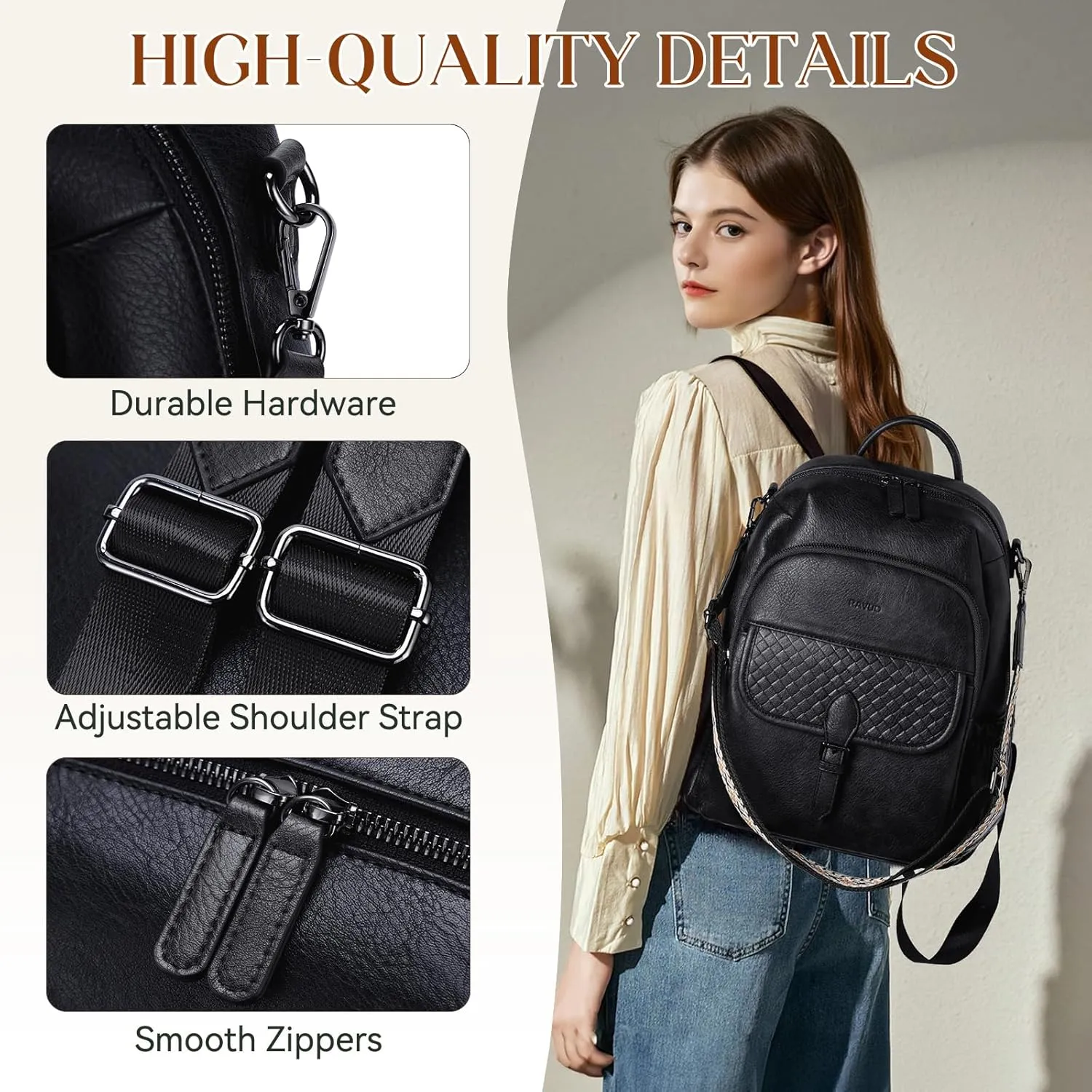 RAVUO Bakcpak Purse for Women, Trendy Vegan Leather Back Pack Convertible Daypack Designer Ladies Shoulder Handbag for Daily Travel College,Black