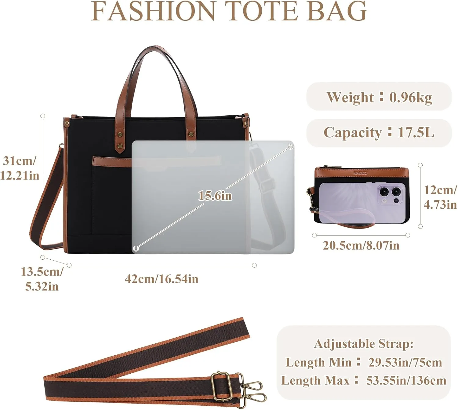 RAVUO Laptop Tote Bag for Women, Water Resistant 15.6 Inch Large Canvas Handbag with Wallet Purse for Business Work Travel