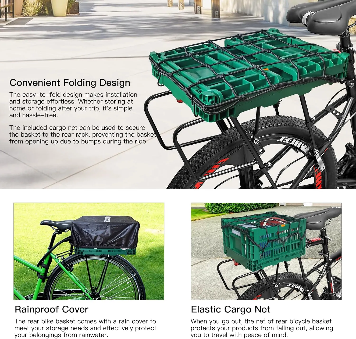 RAYMACE Bike Basket Rear, Foldable Bicycle Basket, Rear Bike Basket Large Capacity, Bike Baskets with Rainproof Cover & Cargo Net for Daily Shopping,Outings,Dogs Bike Accessories