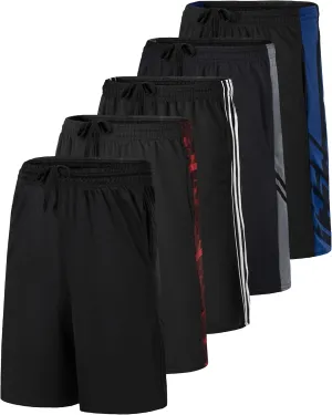 Real Essentials Boys' 5-Pack Mesh Active Athletic Performance Basketball Shorts with Pockets