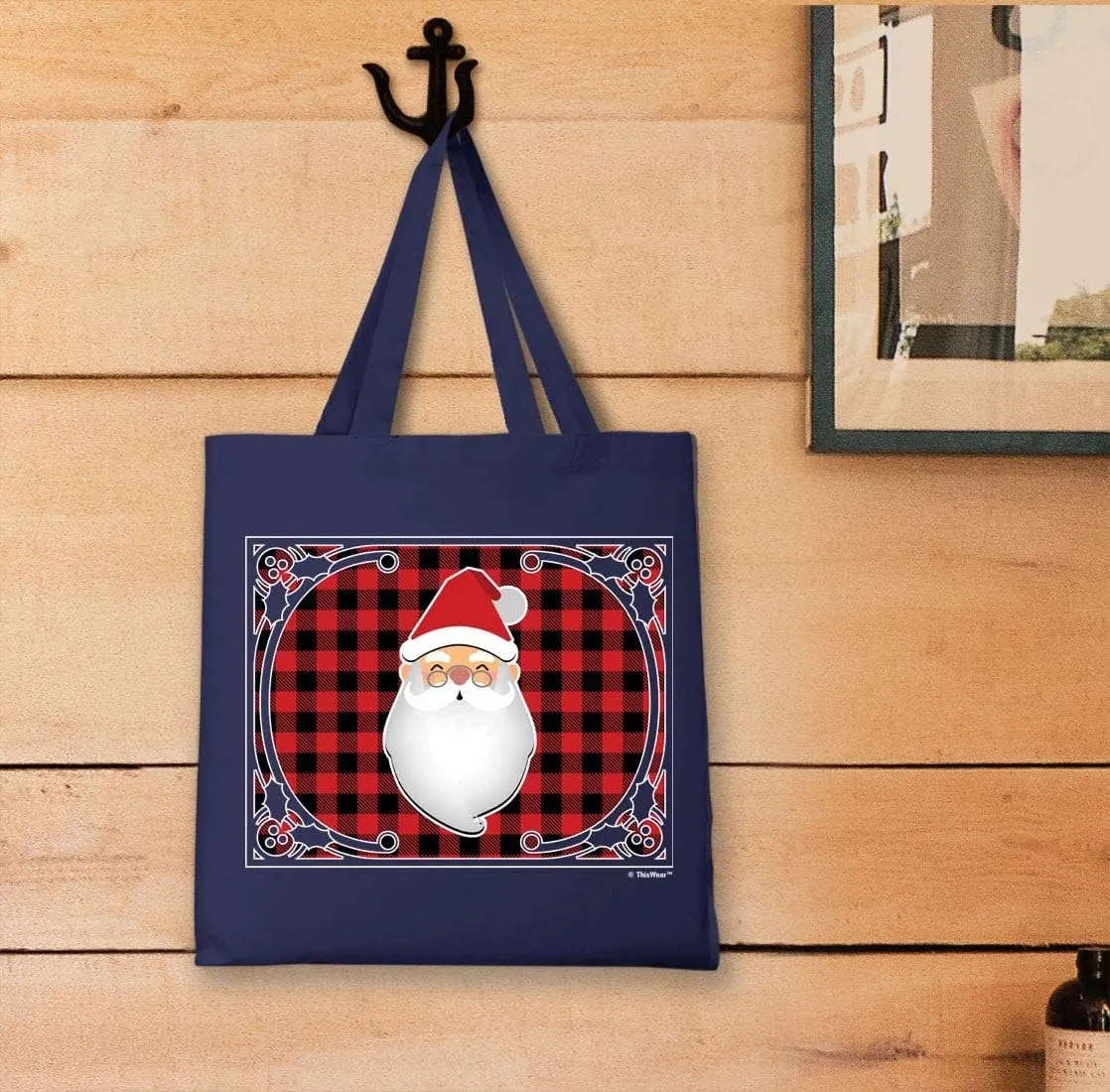 Red and Black Plaid Background with Santa Canvas Tote Bag