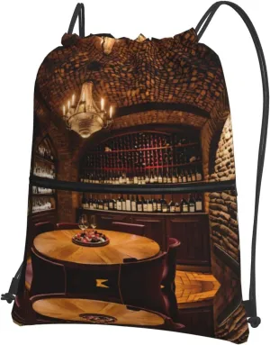 Red Wine Cellar picture Drawstring Backpack - Full Print Gym Sackpack for Sports, Yoga, Dance, Travel, and Hiking