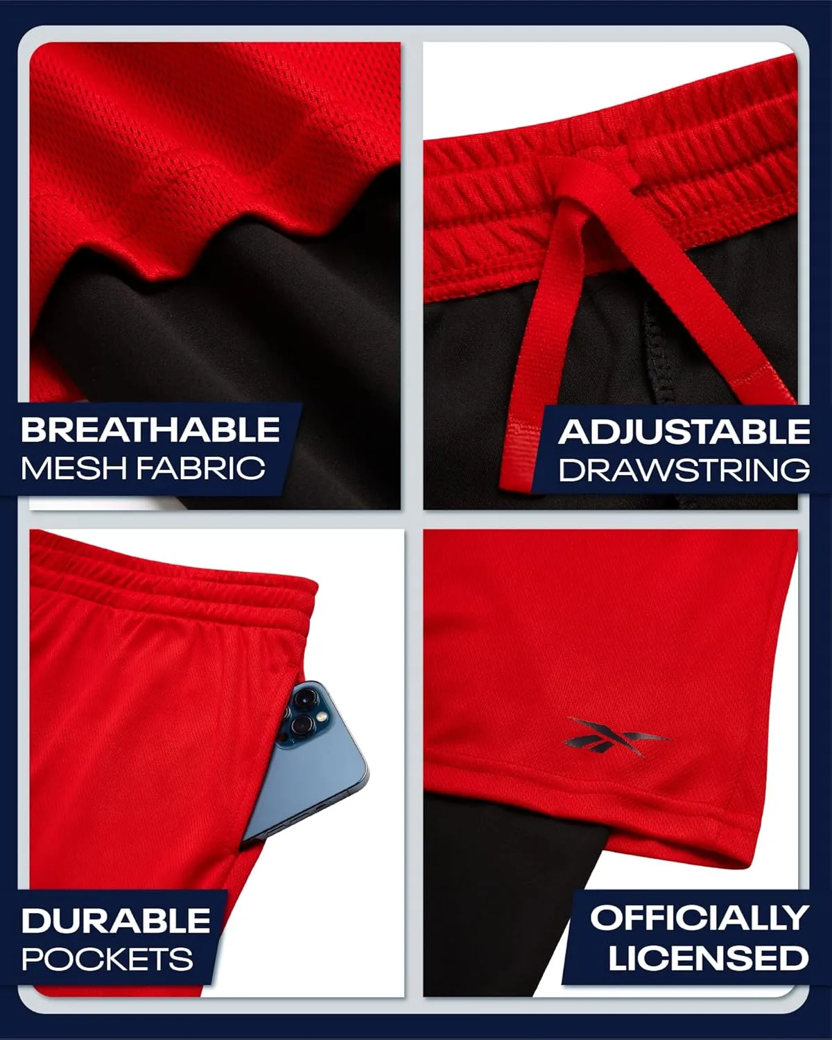 Reebok Boys Basketball Shorts - 2-in-1 Boys Athletic Shorts for Running with Compression Leggings, Pockets, and Drawstring