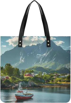 _Reine Village Lofoten Islands Norway Leather Tote Bag for Women Men Shoulder Bag Casual Handbag Work Bag 39x39cm