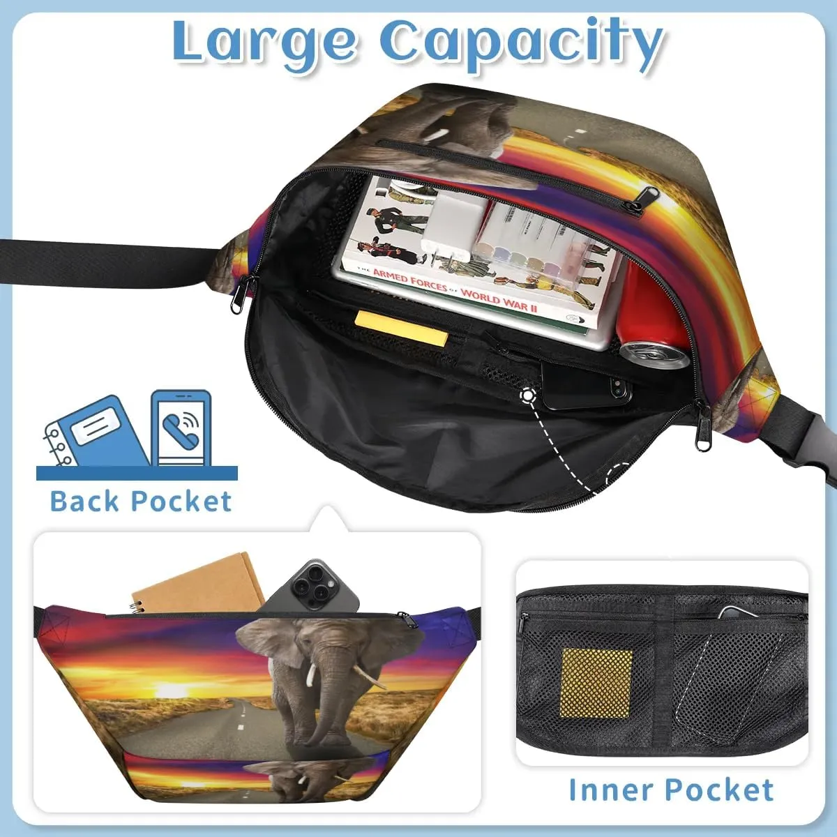Retro Elephant Crossbody Sling Bag for Women Men Crossbody Backpack with 4 Zipper Pockets Fanny Pack Shoulder Casual Daypack for Travel Running Hiking Cycling