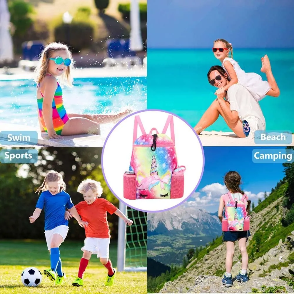 RHCPFOVR Unicorn Drawstring Backpack for Kids - Drawstring Bags for Girls Swim Bag for Beach Swimming Pool Lightweight Draw String Bags Waterproof Sports Gym Bag With Two Water Bottle Holder