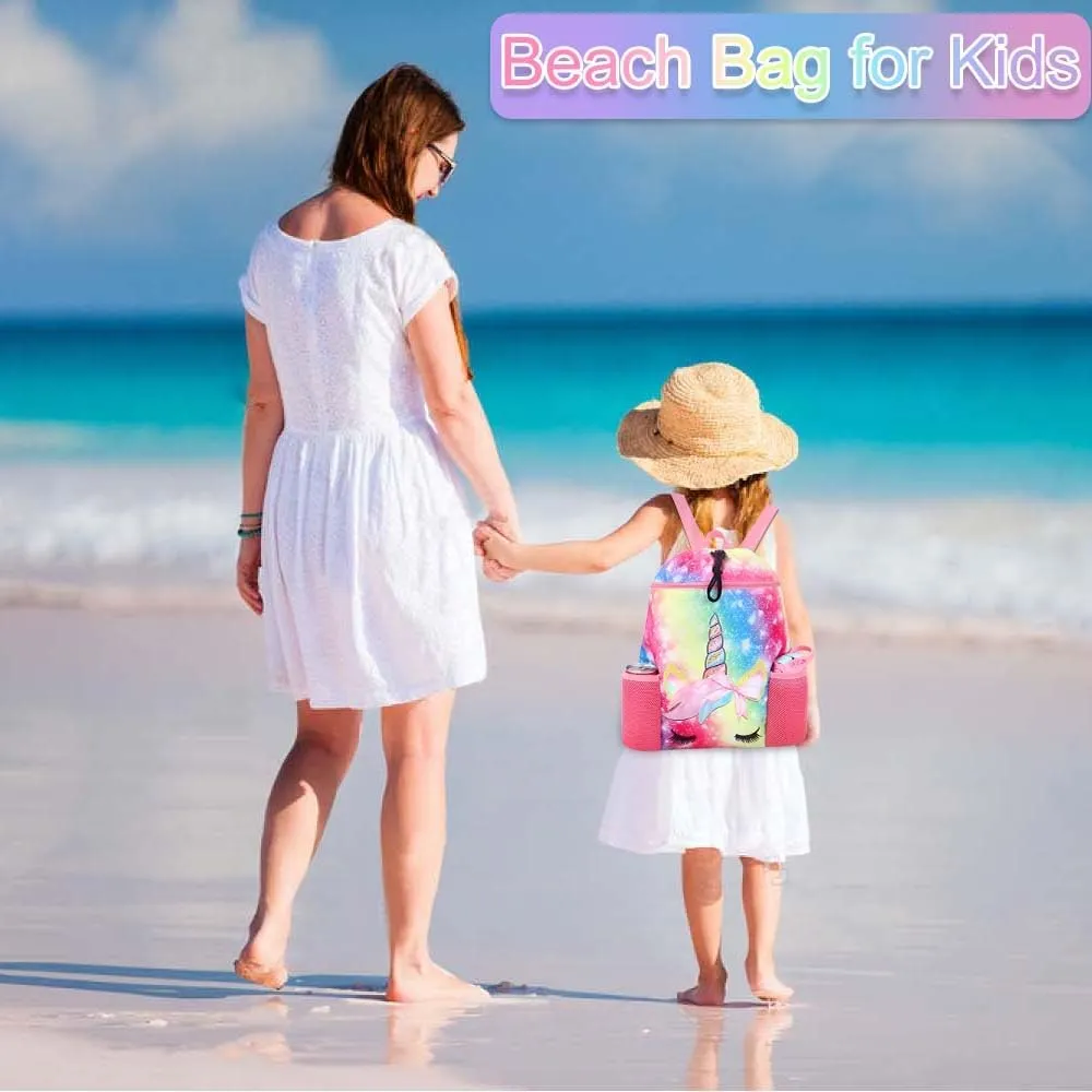 RHCPFOVR Unicorn Drawstring Backpack for Kids - Drawstring Bags for Girls Swim Bag for Beach Swimming Pool Lightweight Draw String Bags Waterproof Sports Gym Bag With Two Water Bottle Holder
