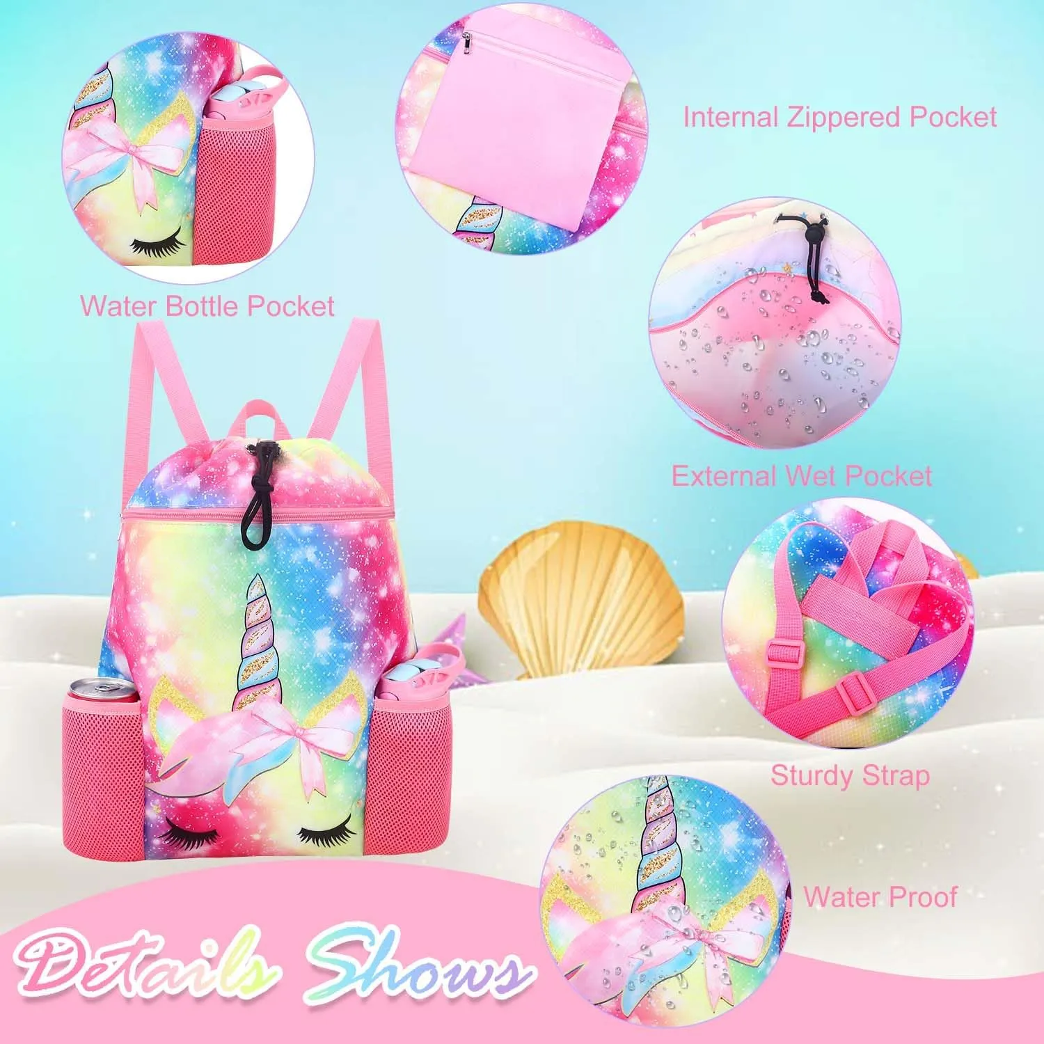 RHCPFOVR Unicorn Drawstring Backpack for Kids - Drawstring Bags for Girls Swim Bag for Beach Swimming Pool Lightweight Draw String Bags Waterproof Sports Gym Bag With Two Water Bottle Holder
