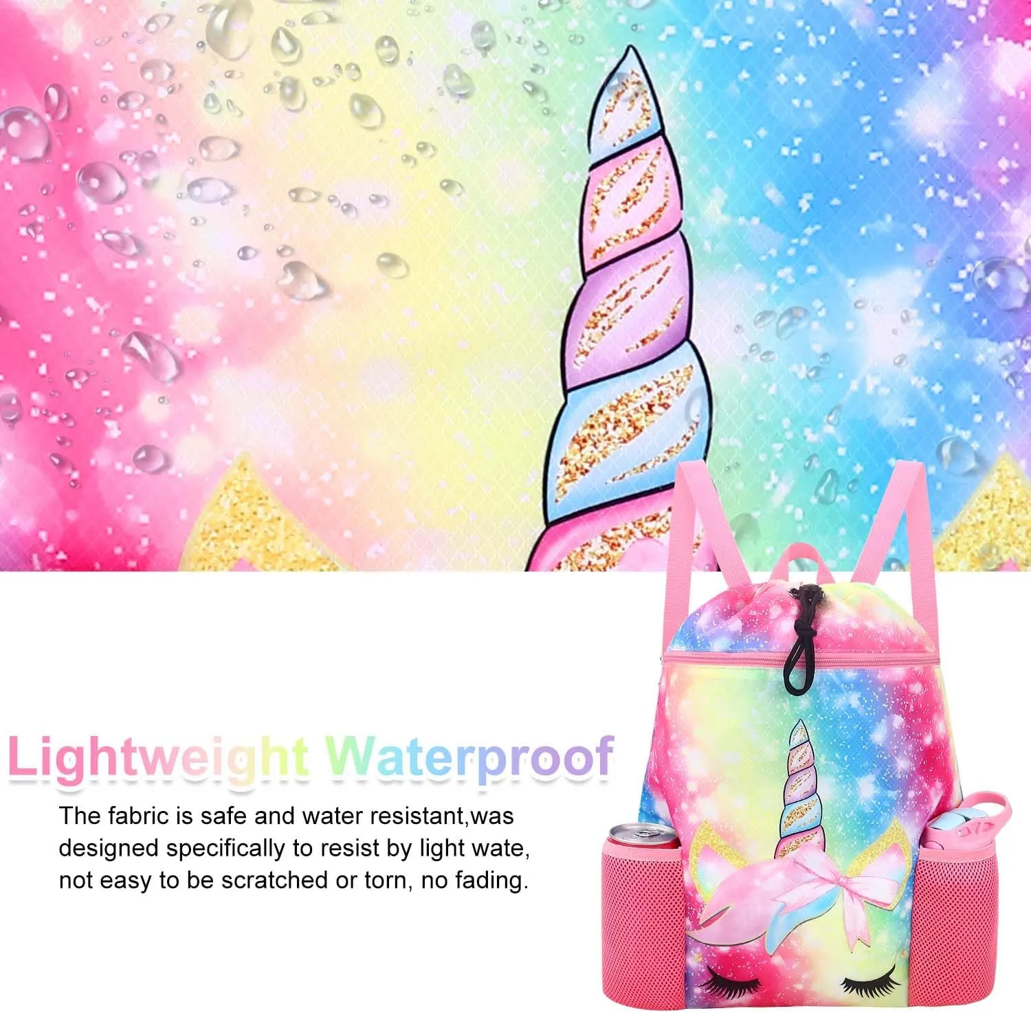 RHCPFOVR Unicorn Drawstring Backpack for Kids - Drawstring Bags for Girls Swim Bag for Beach Swimming Pool Lightweight Draw String Bags Waterproof Sports Gym Bag With Two Water Bottle Holder