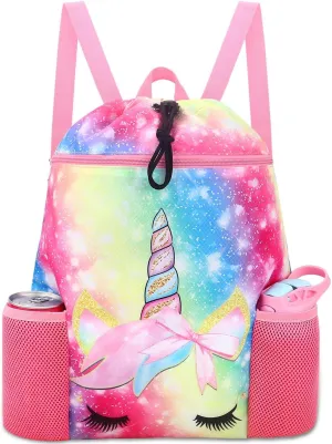 RHCPFOVR Unicorn Drawstring Backpack for Kids - Drawstring Bags for Girls Swim Bag for Beach Swimming Pool Lightweight Draw String Bags Waterproof Sports Gym Bag With Two Water Bottle Holder