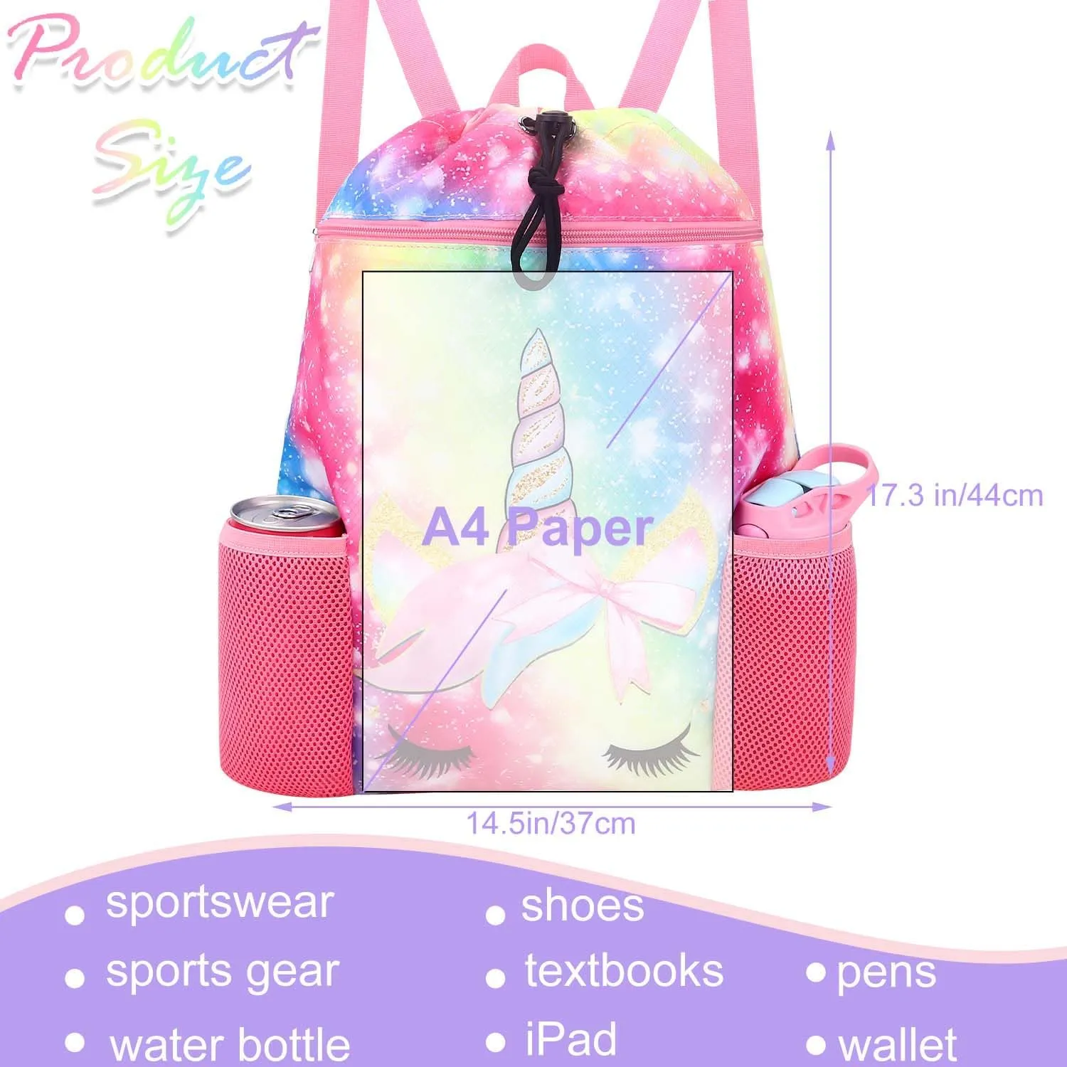 RHCPFOVR Unicorn Drawstring Backpack for Kids - Drawstring Bags for Girls Swim Bag for Beach Swimming Pool Lightweight Draw String Bags Waterproof Sports Gym Bag With Two Water Bottle Holder