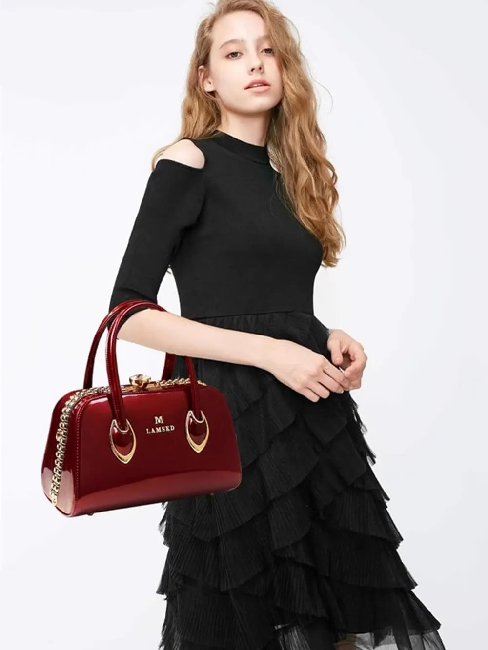 Rhinestone Buckle Shoulder Bag For Women's Leather Clip Shaped Top Handle Satchel Handbags Purses Hard Tote Bags
